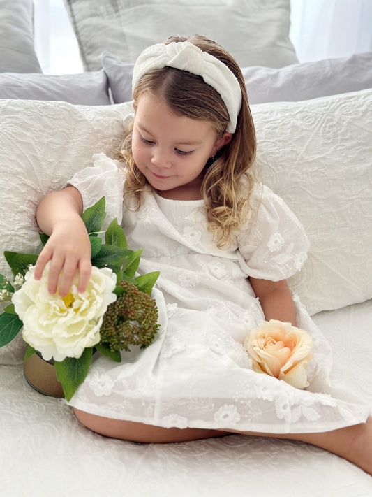 Milky Mae Elaina Dress in cotton fabric with delicate embroidered flowers