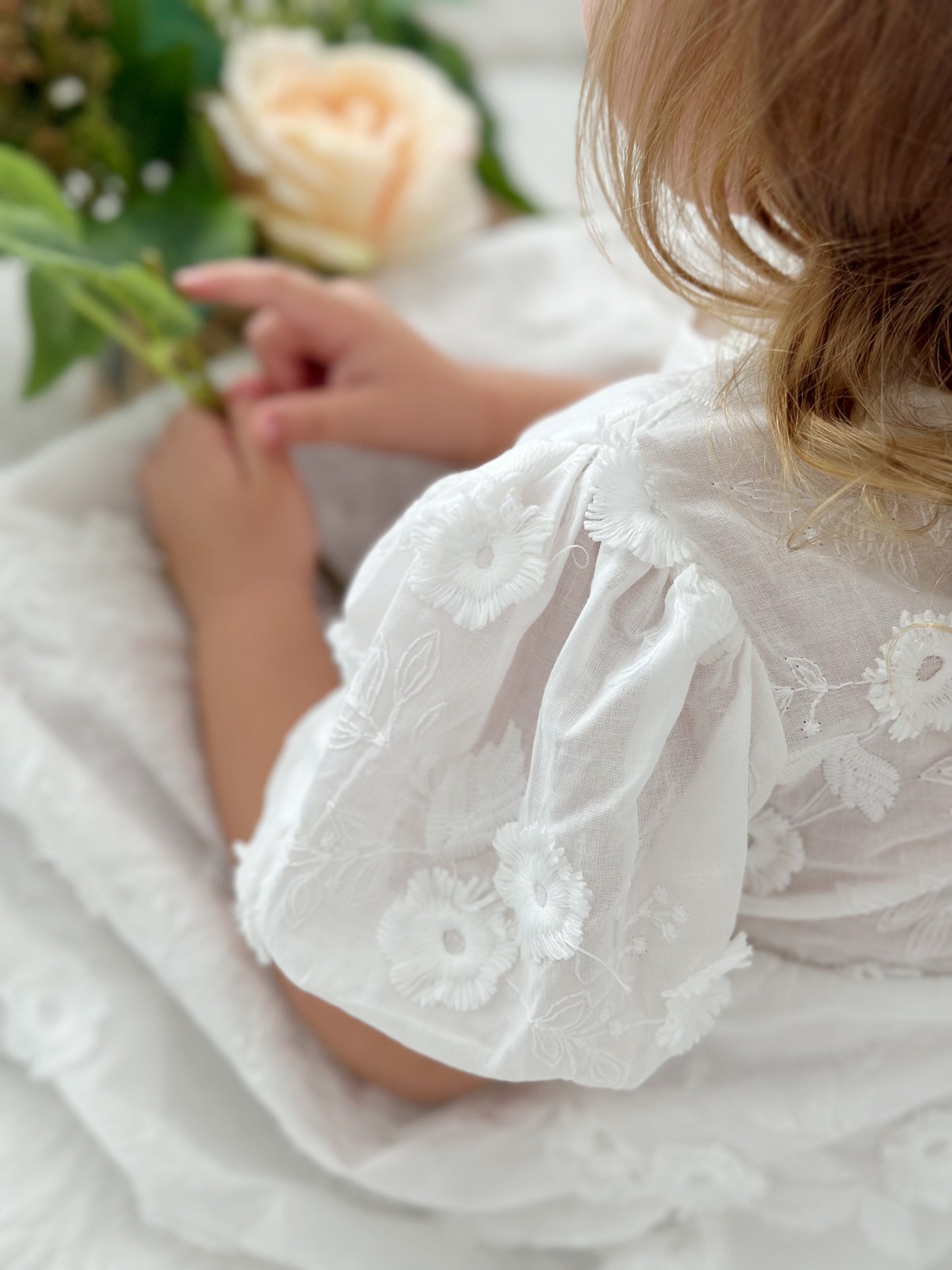 Milky Mae Elaina Dress in cotton fabric with delicate embroidered flowers