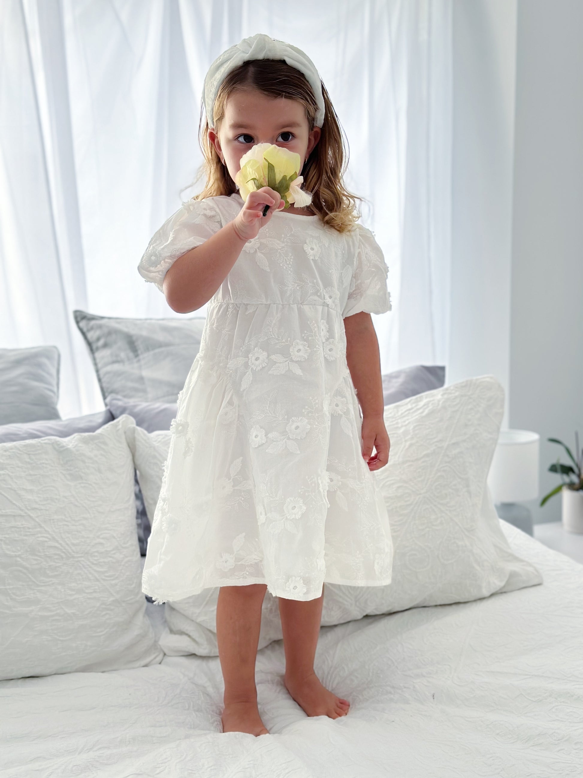 Milky Mae Elaina Dress in cotton fabric with delicate embroidered flowers