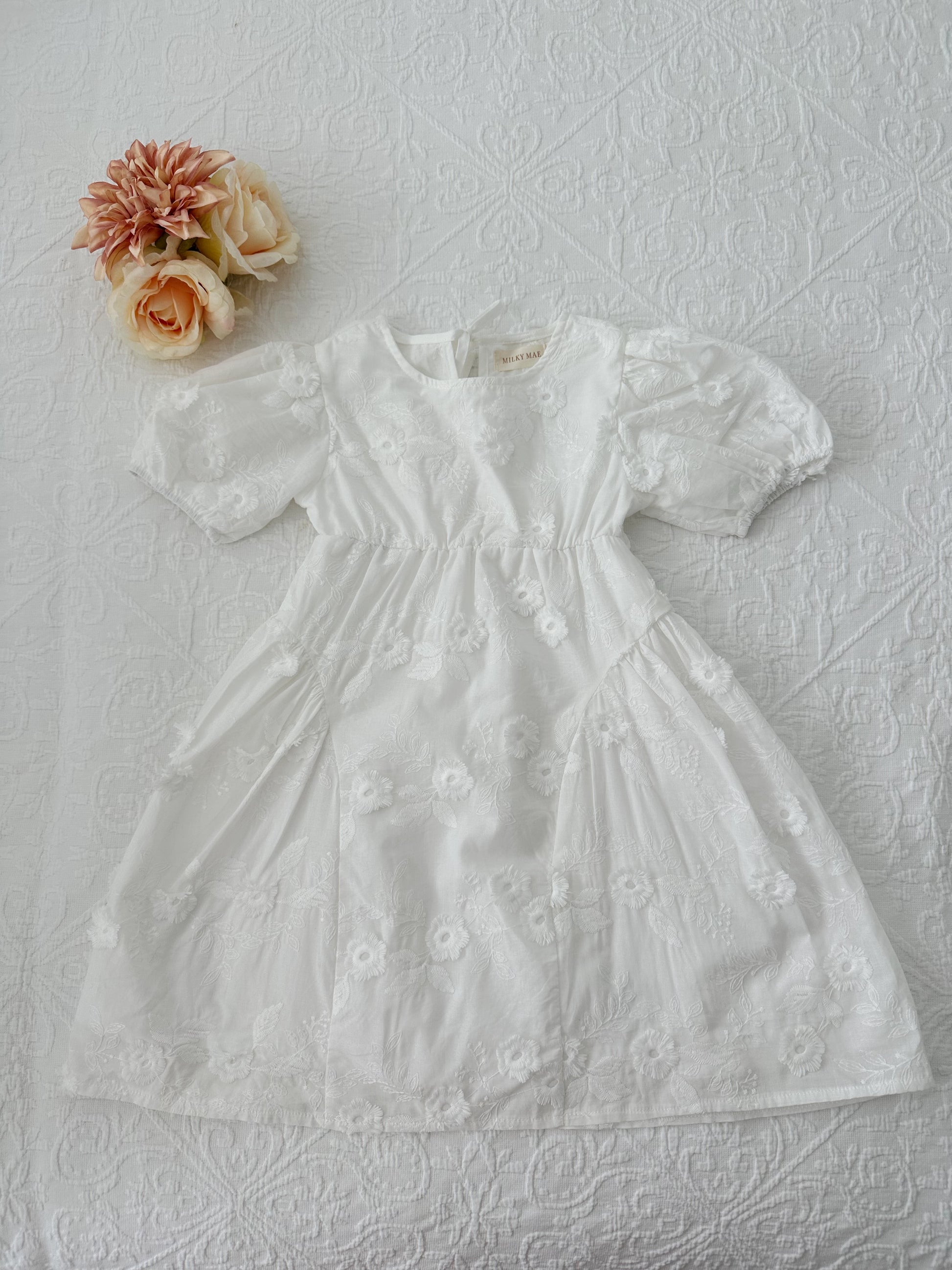 Milky Mae Elaina Dress in cotton fabric with delicate embroidered flowers
