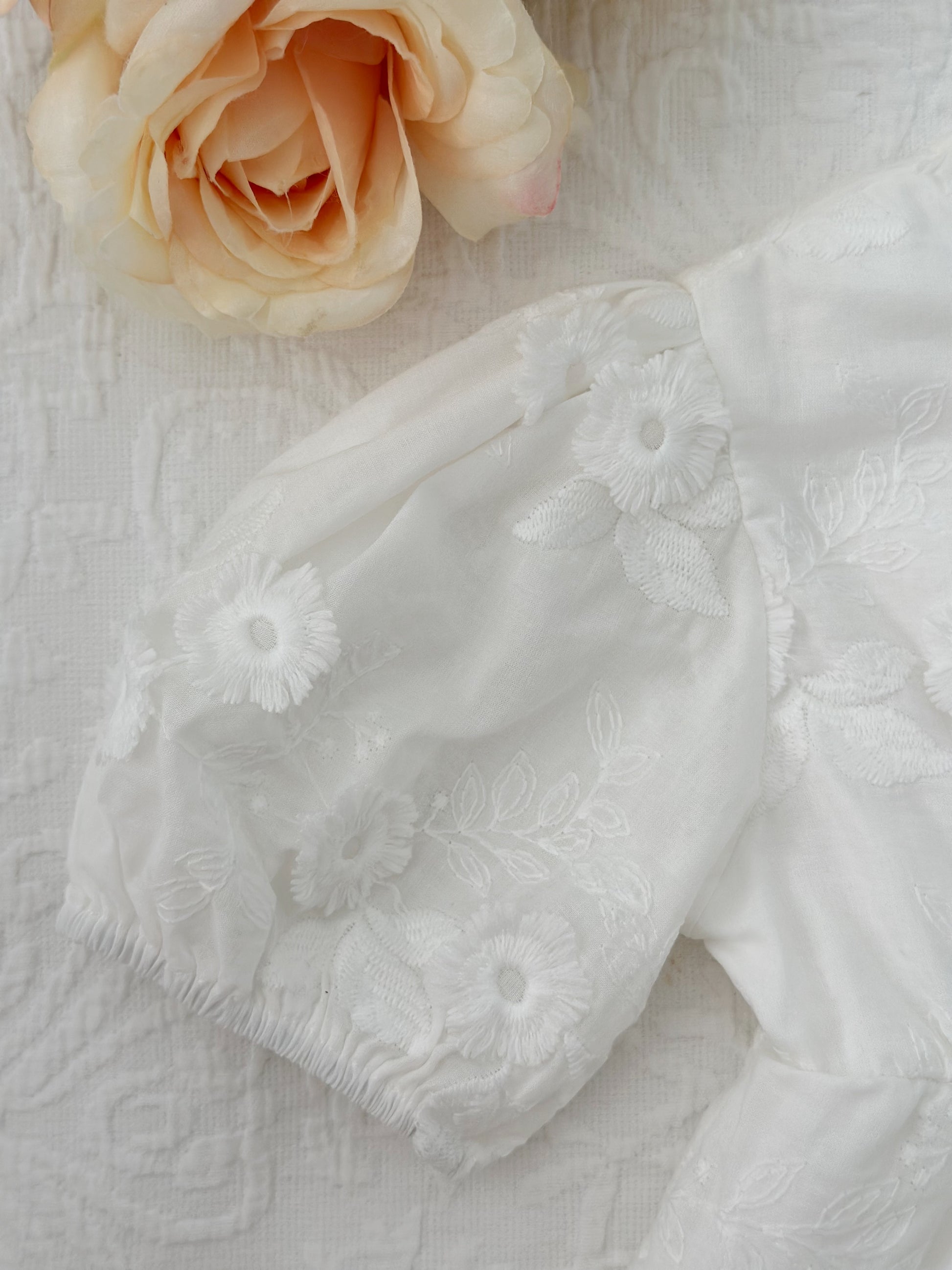 Milky Mae Elaina Dress in cotton fabric with delicate embroidered flowers