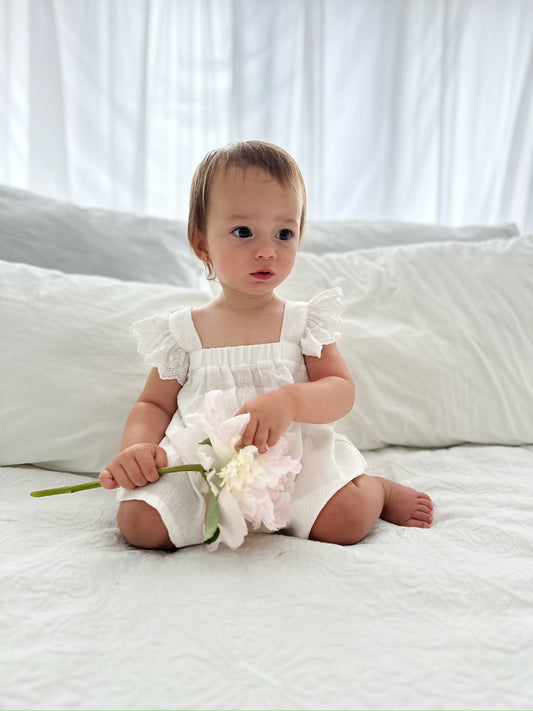 Milky Mae Madeleine Set featuring a soft, flowy white top with flutter lace straps