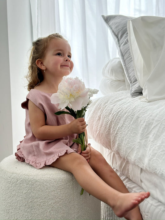Milky Mae Peonie Ruffle Set made with a gentle linen/ cotton blend featuring sweet ruffles