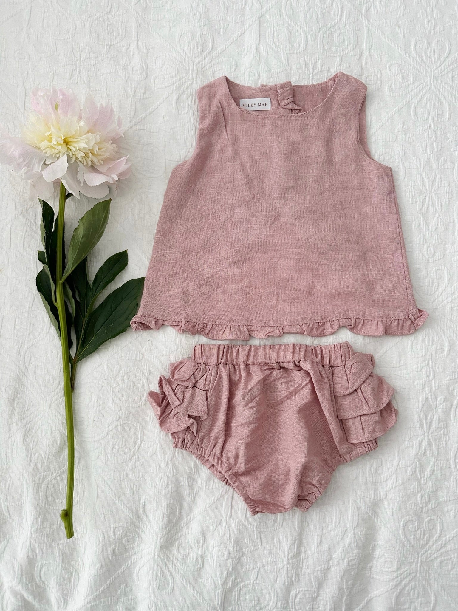 Milky Mae Peonie Ruffle Set made with a gentle linen/ cotton blend featuring sweet ruffles
