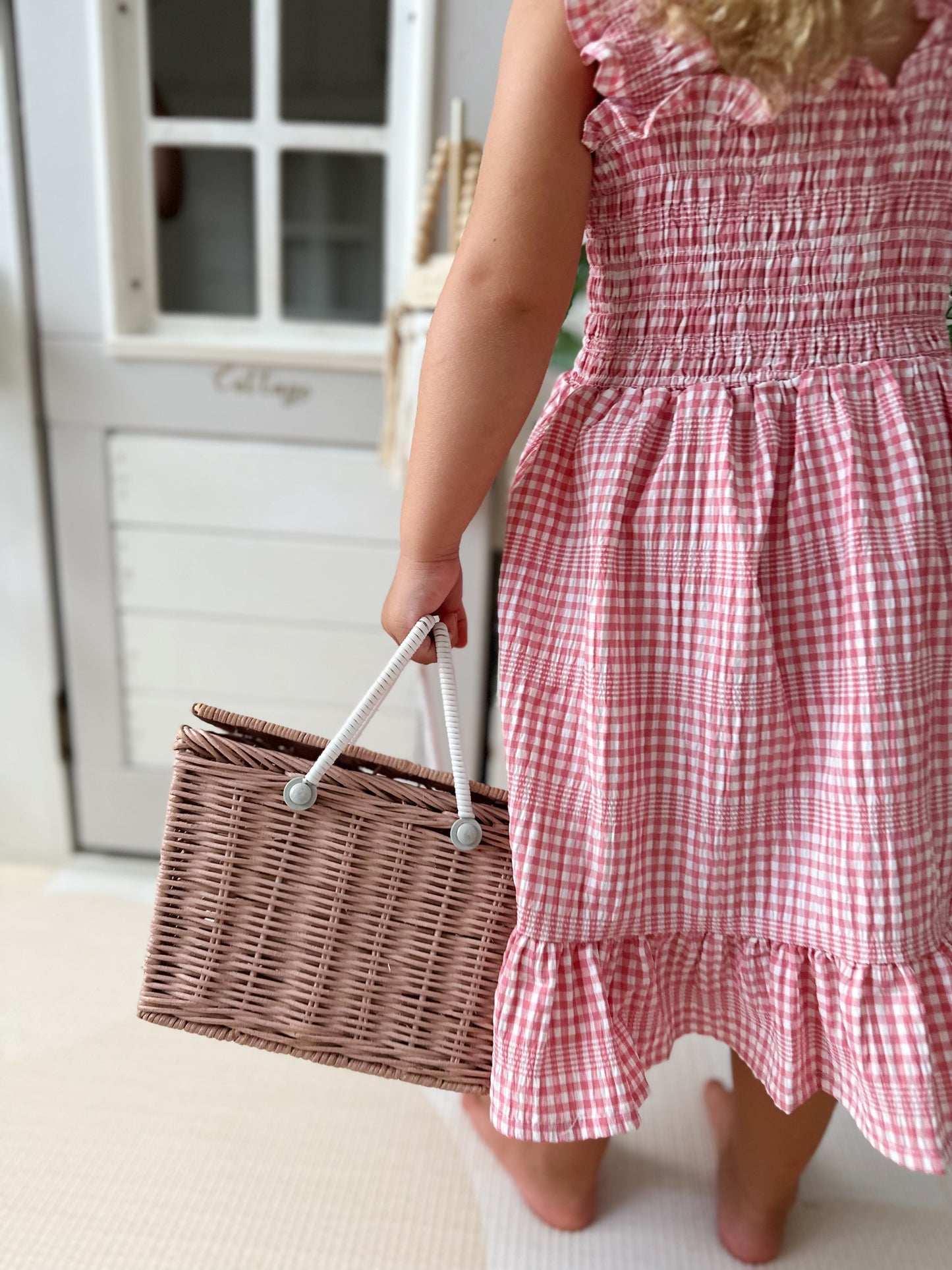 Milky Mae Sweetheart Sundress featuring delicate ruffle straps and a classic pink and white gingham pattern
